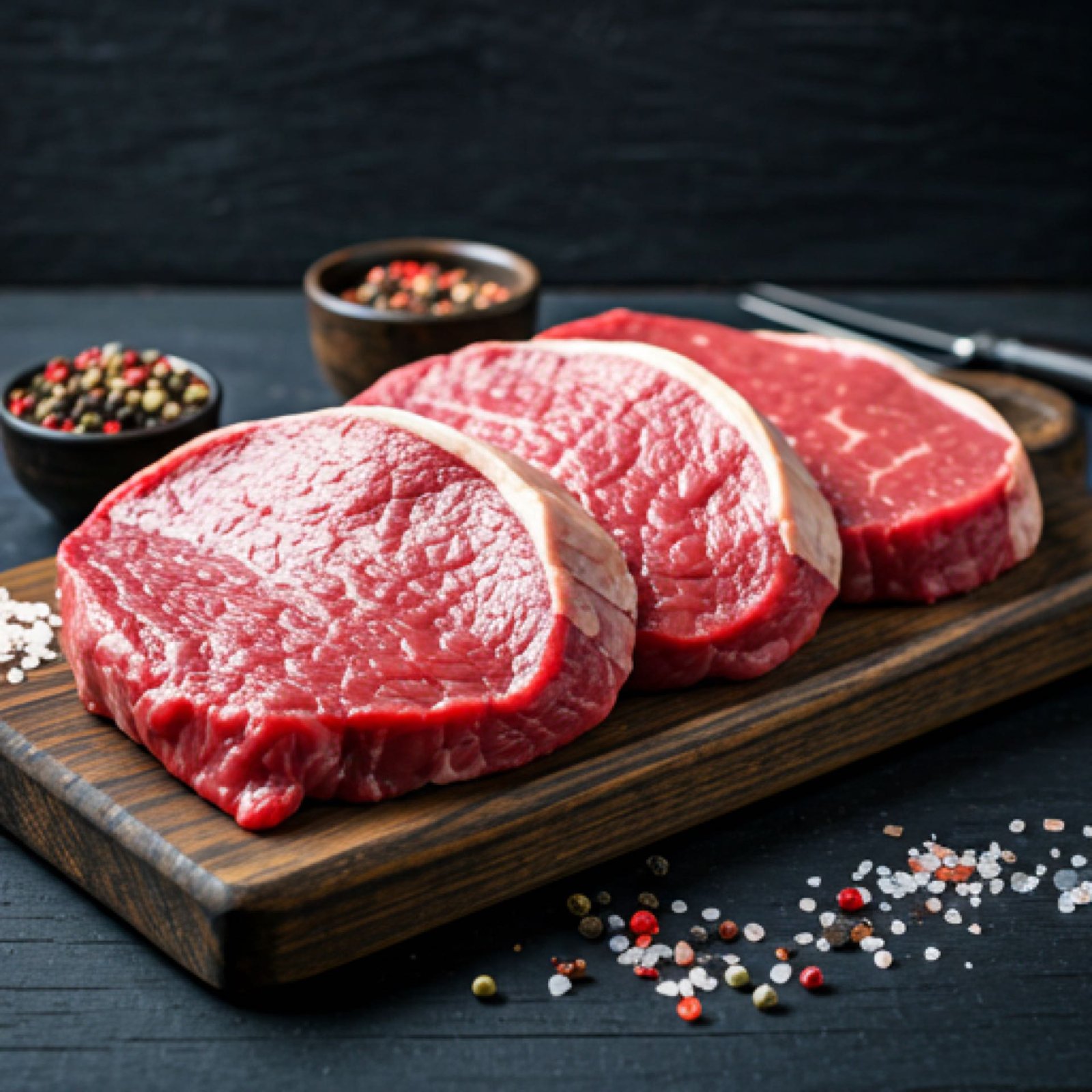 Close up of raw red meat steaks and sausages on a dark wooden board with spices